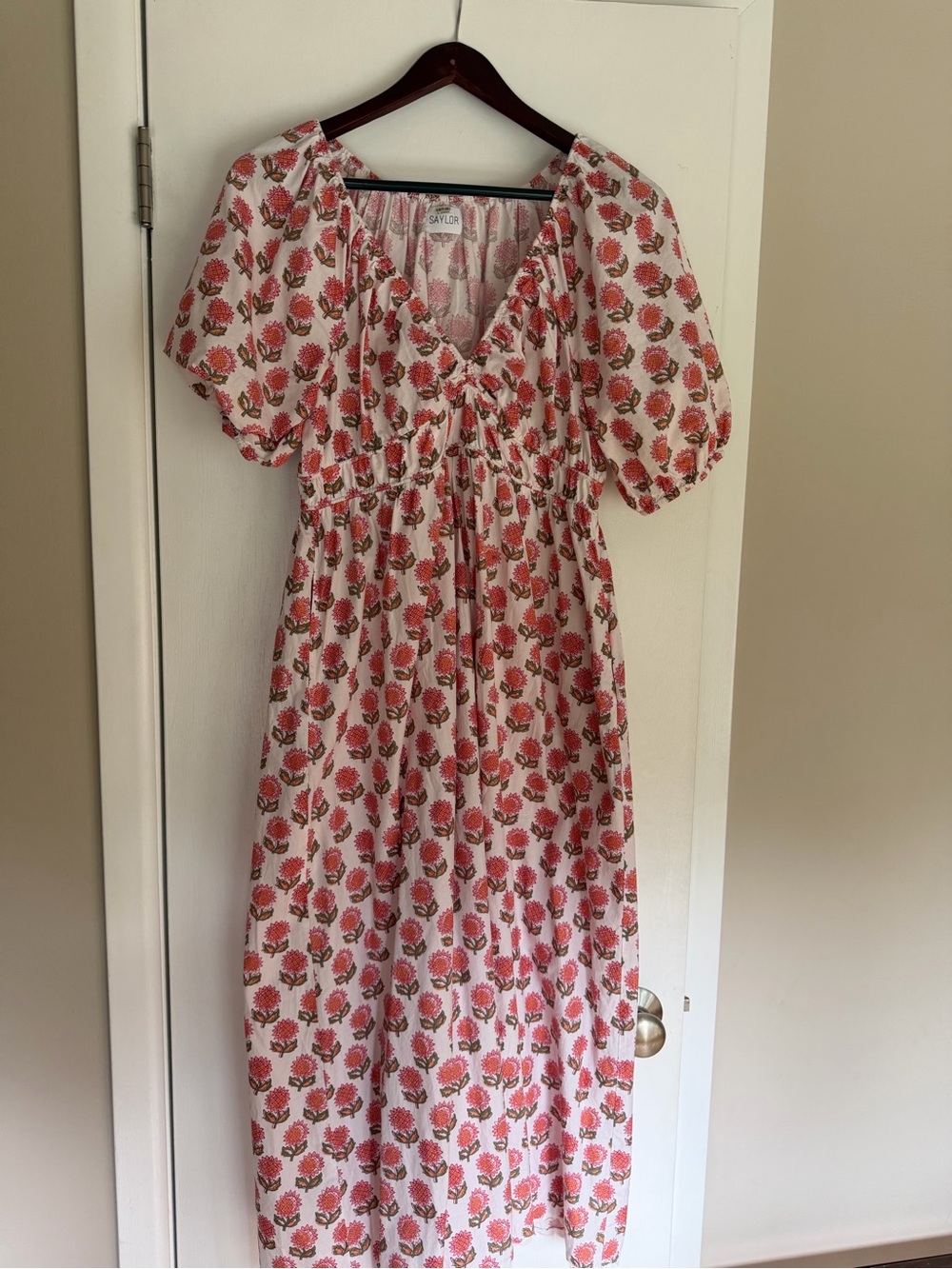 Saylor Block Print Floral Pink Midi Maternity Dress with Puff Sleeves